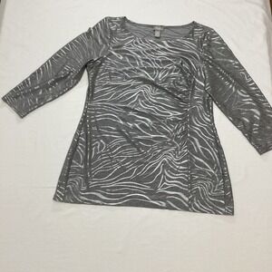 Travelers by Chico's Gray Silver Metallic Zebra Print 3/4 Sleeve Blouse Medium